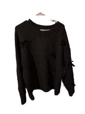 Studio B by Bobeau Charcoal Gray Ribbon Bow Applique Knit Sweater XL